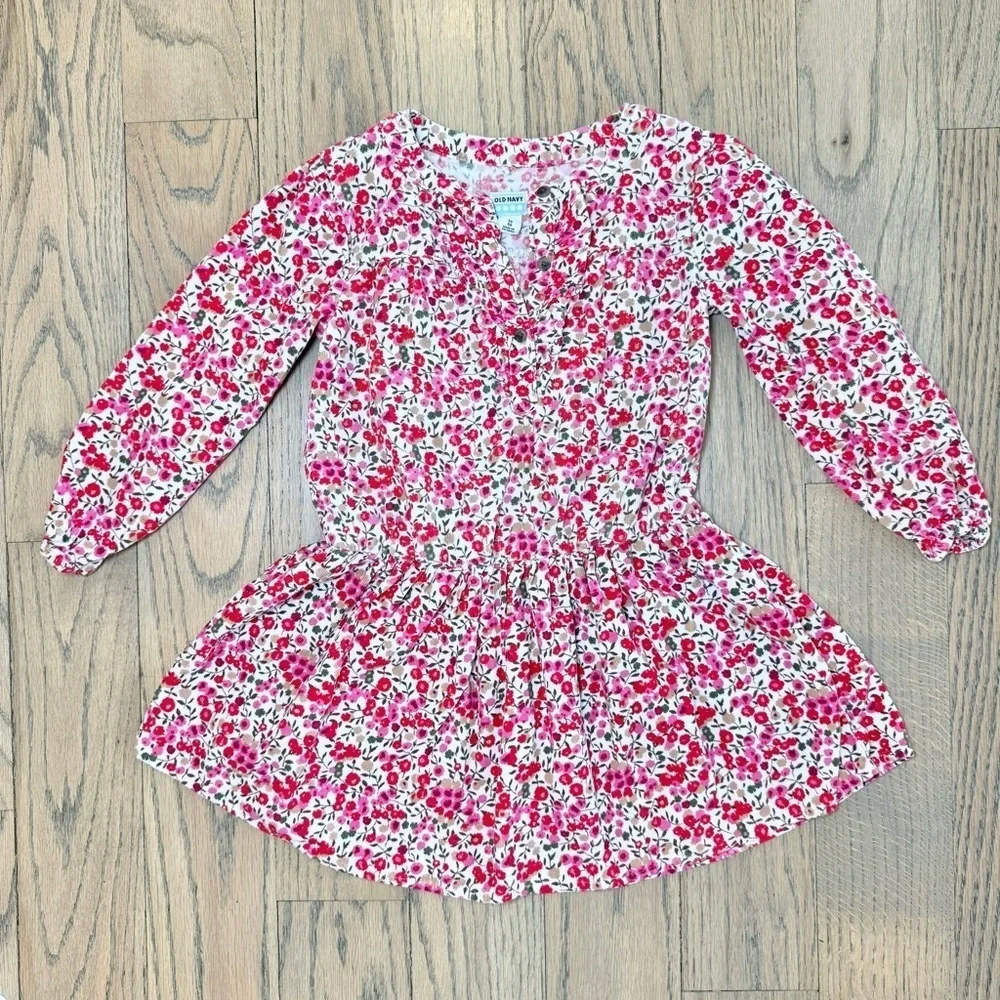 Old Navy Girls Corduroy Floral Red, Pink and White Dress with Ruffled Chest 5T